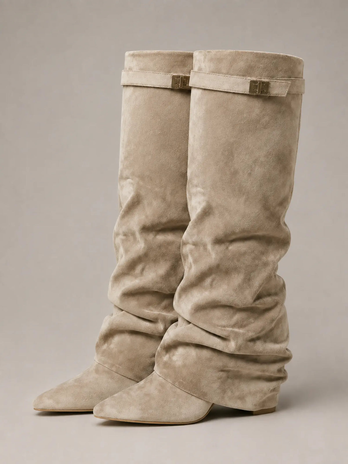 Women's Suede Knee-High Boots – Slouchy Block Heel in Beige – Side view