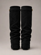 Women's Suede Knee-High Boots – Slouchy Block Heel in Black – Back view