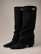 Women's Suede Knee-High Boots – Slouchy Block Heel in Black – Hover view