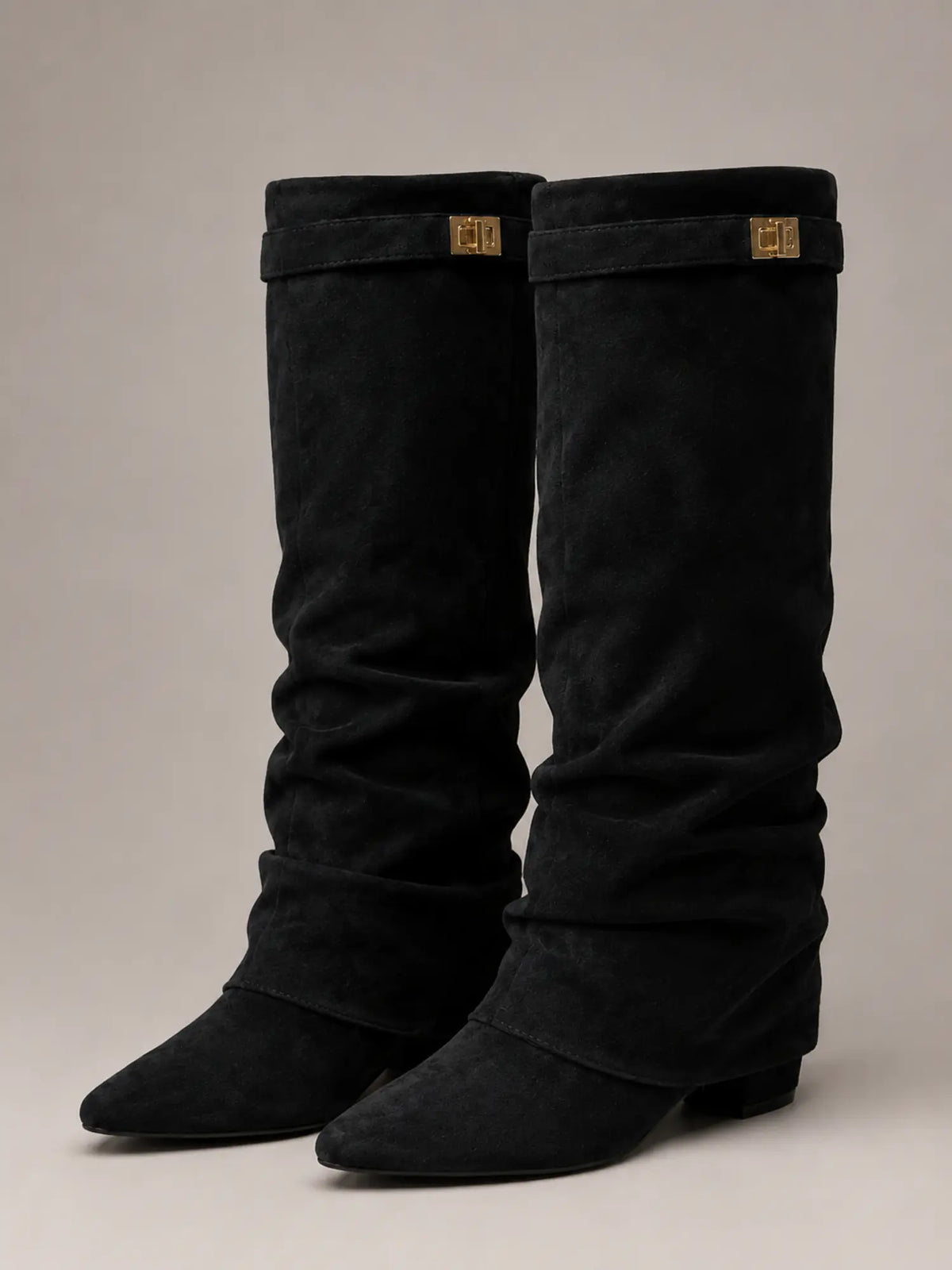 Women's Suede Knee-High Boots – Slouchy Block Heel in Black – Main view
