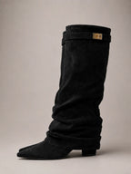 Women's Suede Knee-High Boots – Slouchy Block Heel in Black – Side view