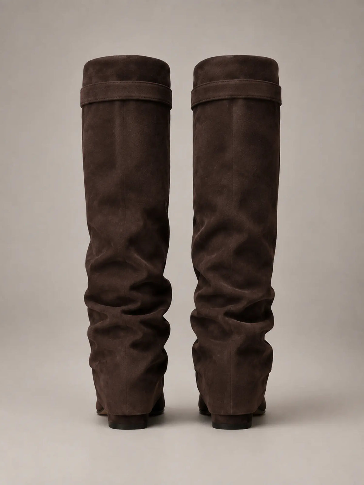 Women's Suede Knee-High Boots – Slouchy Block Heel in Cedar Brown – Back view