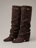 Women's Suede Knee-High Boots – Slouchy Block Heel in Cedar Brown – Hover view