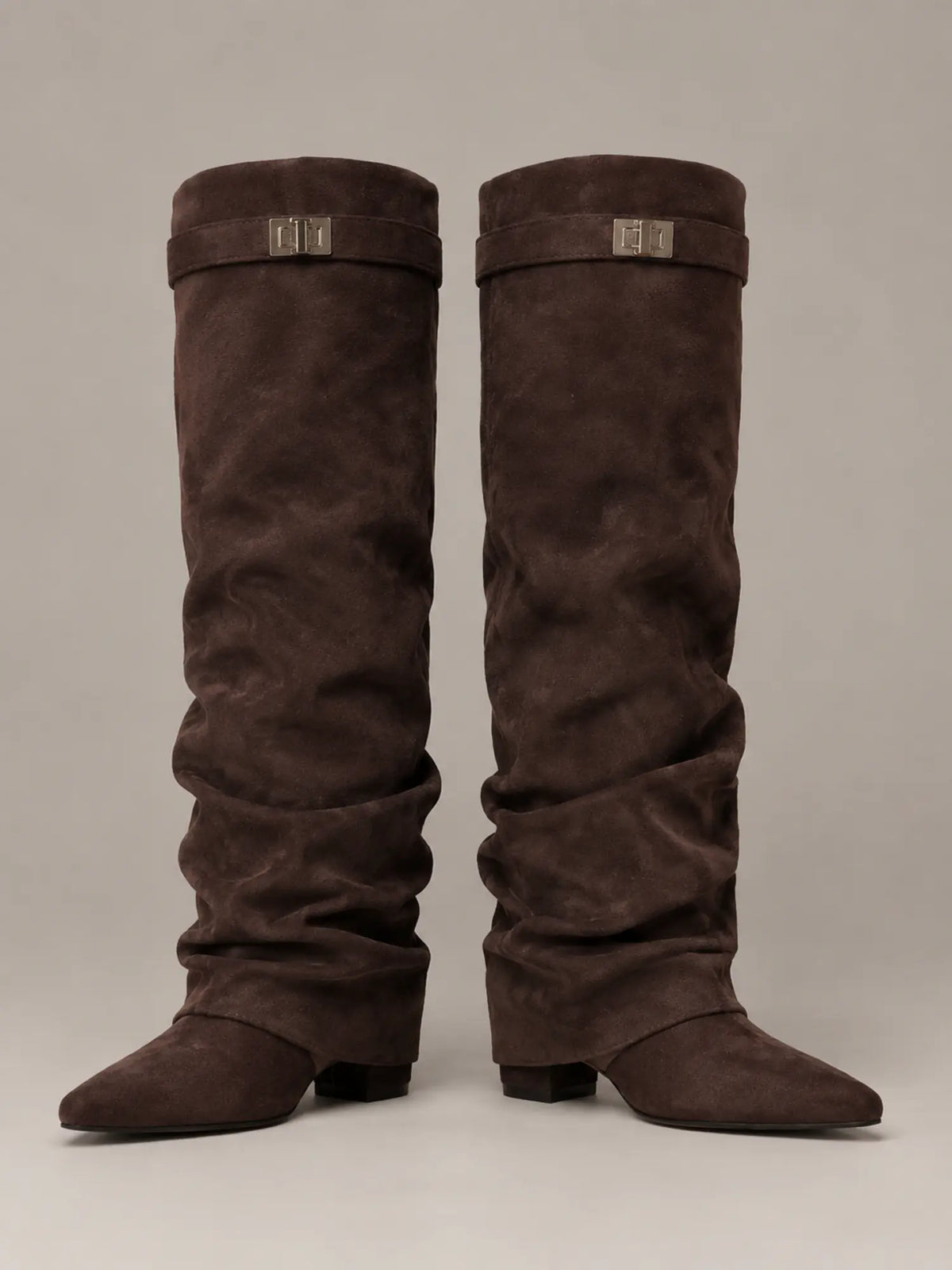Women's Suede Knee-High Boots – Slouchy Block Heel in Cedar Brown – Main view
