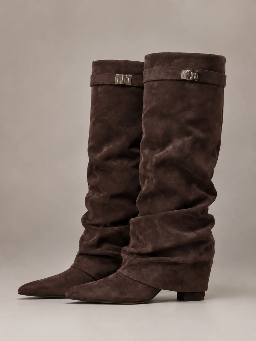 Women's Suede Knee-High Boots – Slouchy Block Heel in Cedar Brown – Side view