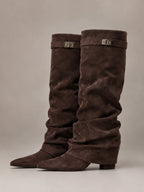 Women's Suede Knee-High Boots – Slouchy Block Heel in Cedar Brown – Side view