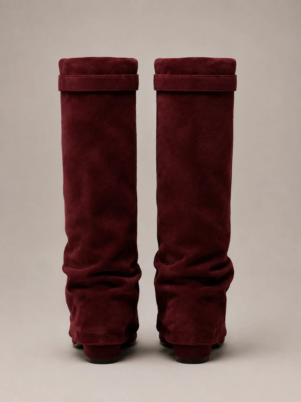 Women's Suede Knee-High Boots – Slouchy Block Heel in Wine – Back view