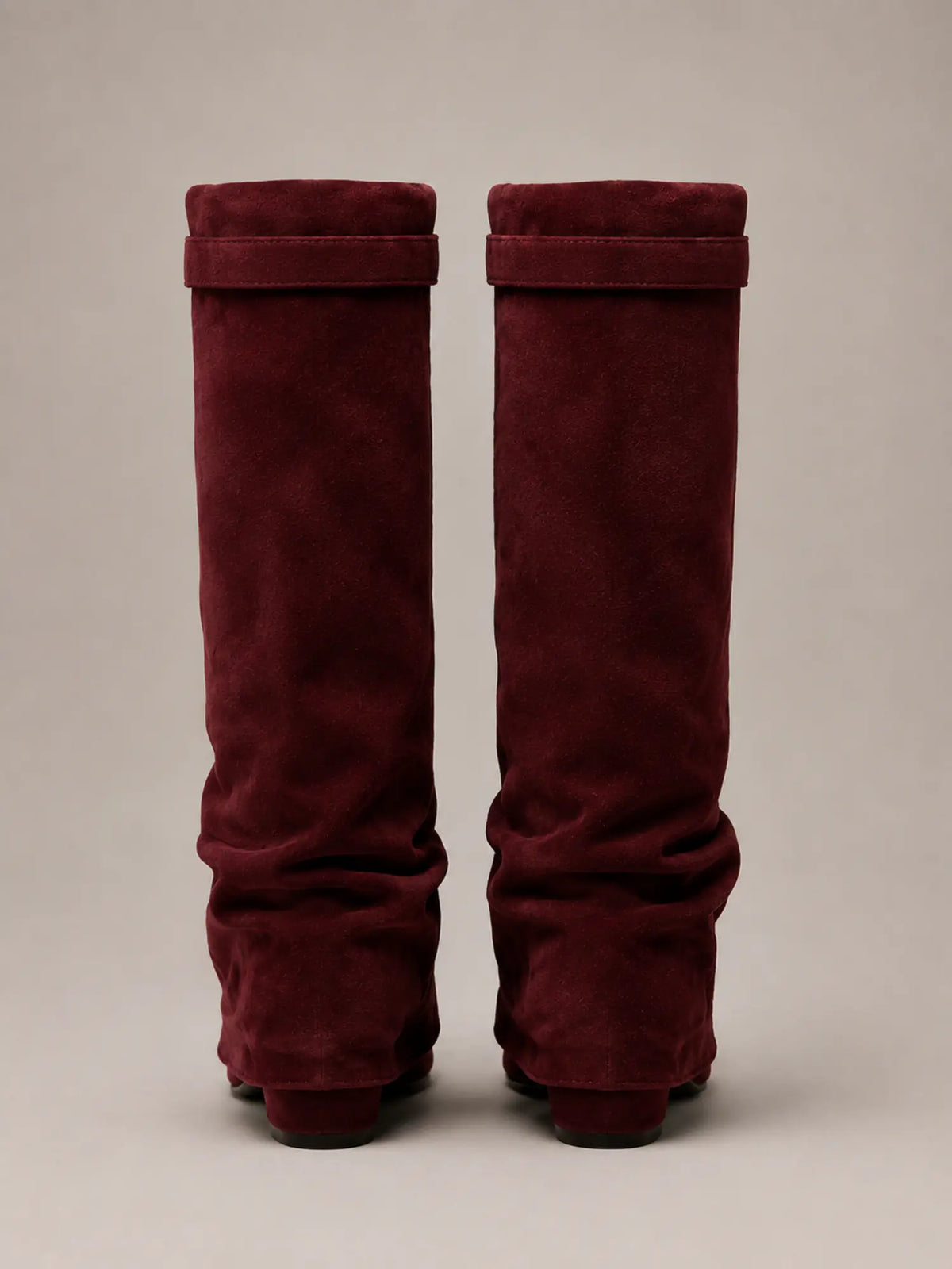 Women's Suede Knee-High Boots – Slouchy Block Heel in Wine – Back view