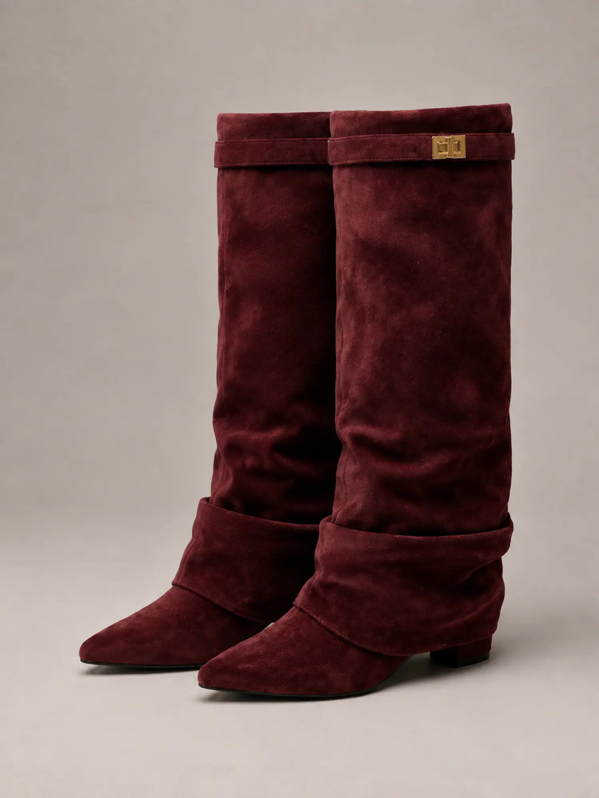 Women's Suede Knee-High Boots – Slouchy Block Heel in Wine – Hover view