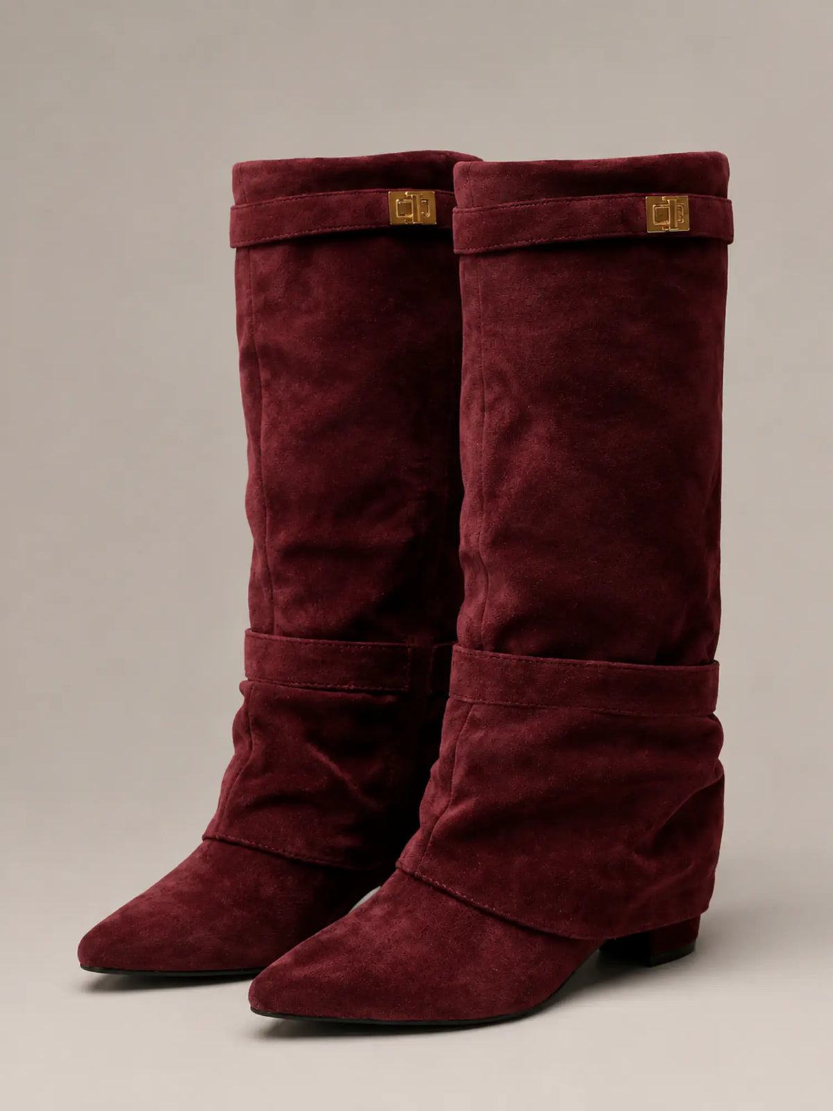 Women's Suede Knee-High Boots – Slouchy Block Heel in Wine – Main view