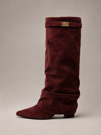Women's Suede Knee-High Boots – Slouchy Block Heel in Wine – Side view