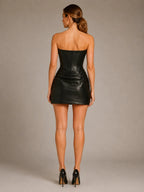 Women's Leather-Look Mini Dress – Strapless Corset in Black – Back view