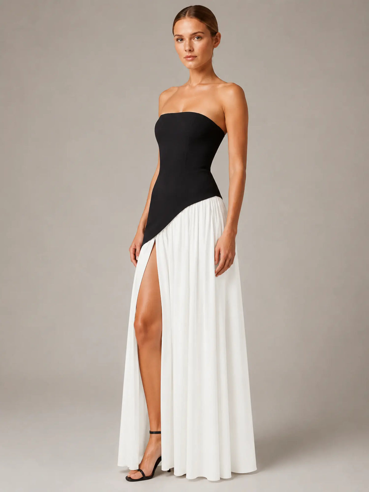 Women's Corset Maxi Dress – Strapless High Split in Black – Hover view