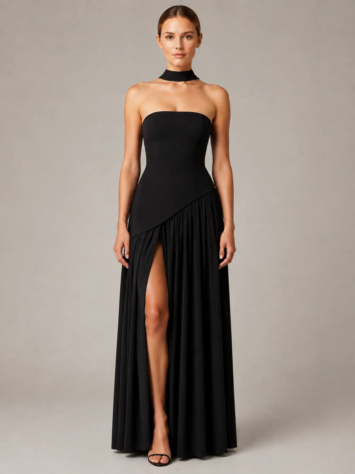 Women's Corset Maxi Dress – Strapless High Split in Black – Main view