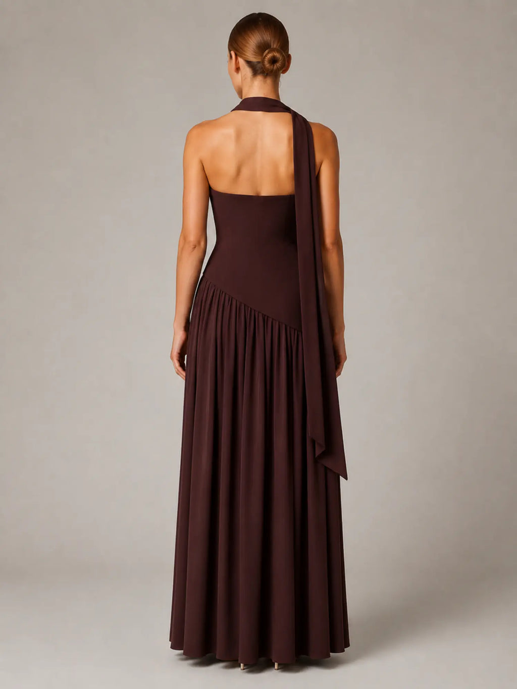Women's Corset Maxi Dress – Strapless High Split in Brown – Back view