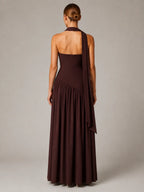 Women's Corset Maxi Dress – Strapless High Split in Brown – Back view