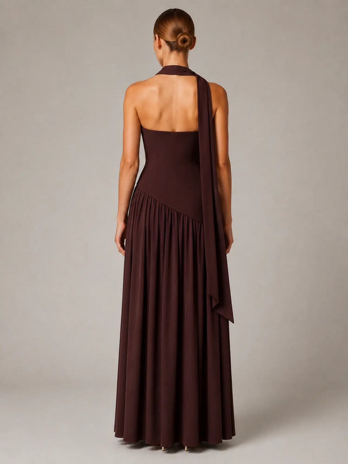 Women's Corset Maxi Dress – Strapless High Split in Brown – Back view
