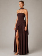 Women's Corset Maxi Dress – Strapless High Split in Brown – Hover view