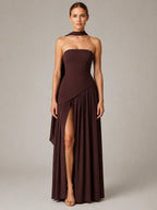 Women's Corset Maxi Dress – Strapless High Split in Brown – Main view