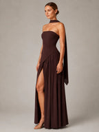 Women's Corset Maxi Dress – Strapless High Split in Brown – Side view
