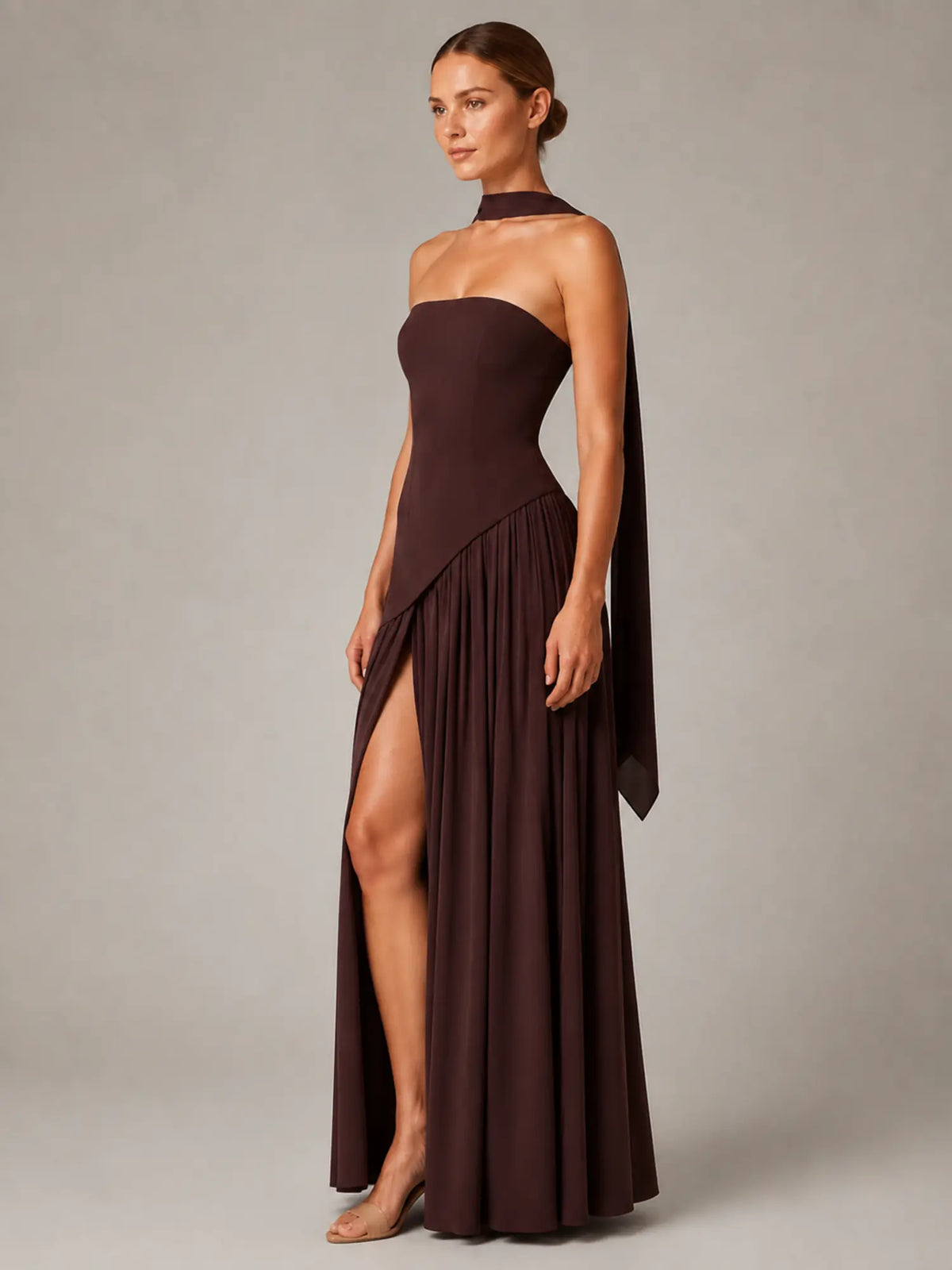 Women's Corset Maxi Dress – Strapless High Split in Brown – Side view