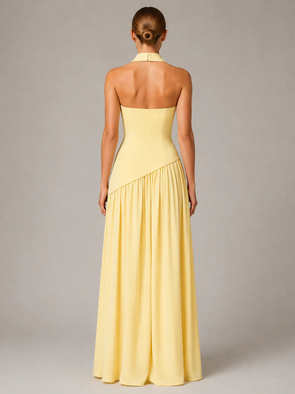 Women's Corset Maxi Dress – Strapless High Split in Butter Yellow – Back view