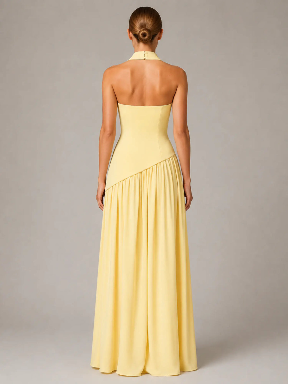 Women's Corset Maxi Dress – Strapless High Split in Butter Yellow – Back view