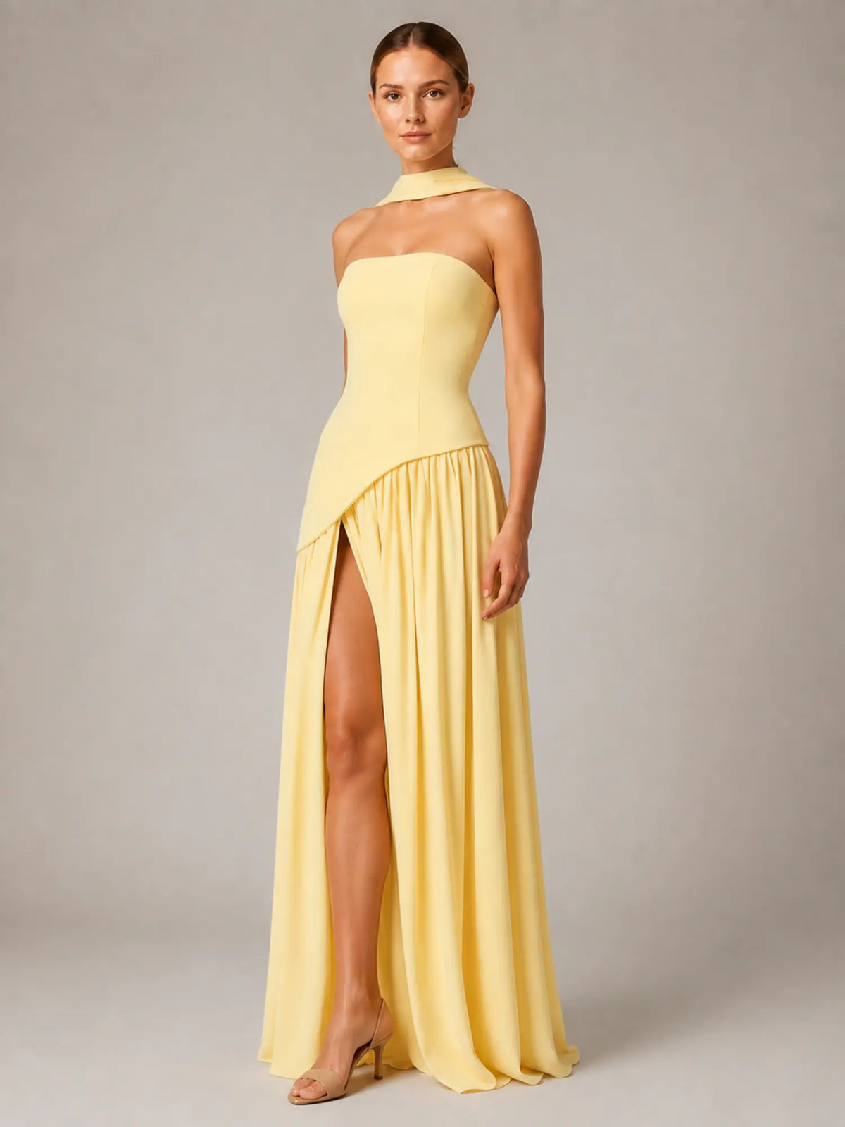Women's Corset Maxi Dress – Strapless High Split in Butter Yellow – Hover view