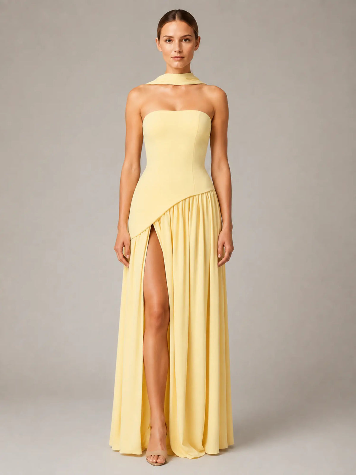 Women's Corset Maxi Dress – Strapless High Split in Butter Yellow – Main view