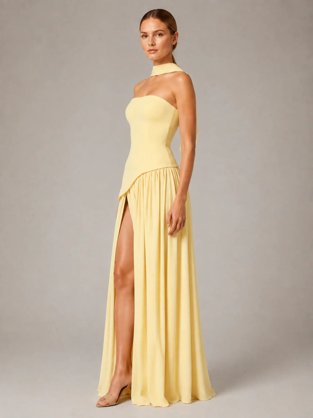 Women's Corset Maxi Dress – Strapless High Split in Butter Yellow – Side view