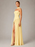 Women's Corset Maxi Dress – Strapless High Split in Butter Yellow – Side view