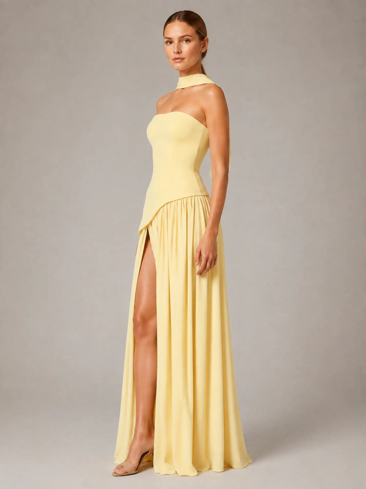 Women's Corset Maxi Dress – Strapless High Split in Butter Yellow – Side view