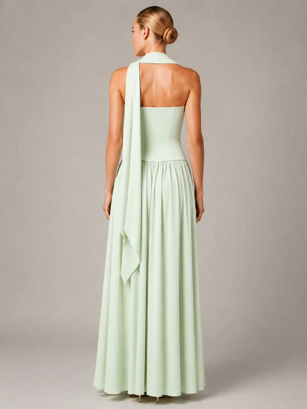 Women's Corset Maxi Dress – Strapless High Split in Mint – Back view