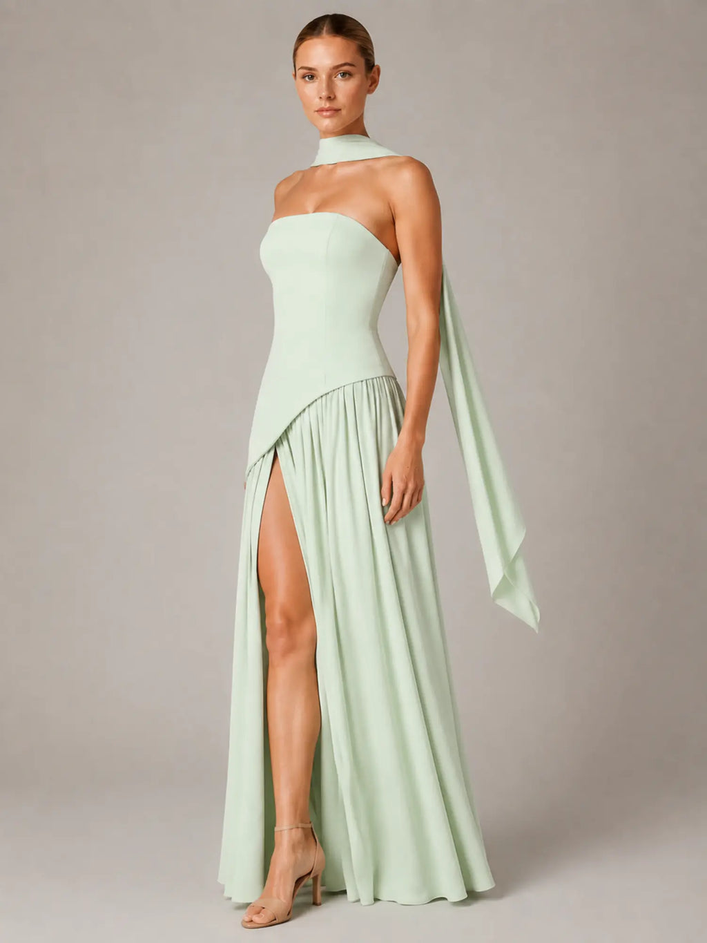 Women's Corset Maxi Dress – Strapless High Split in Mint – Hover view