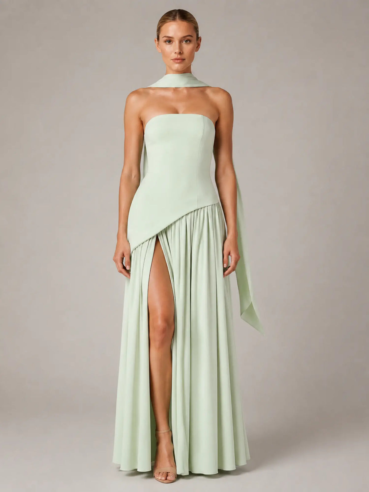 Women's Corset Maxi Dress – Strapless High Split in Mint – Main view