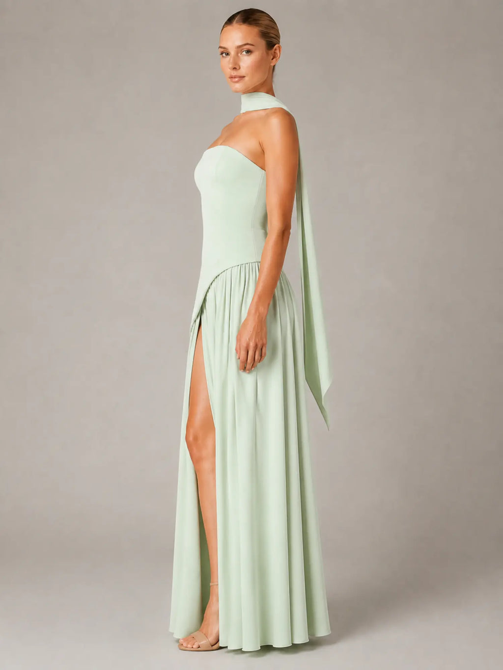 Women's Corset Maxi Dress – Strapless High Split in Mint – Side view
