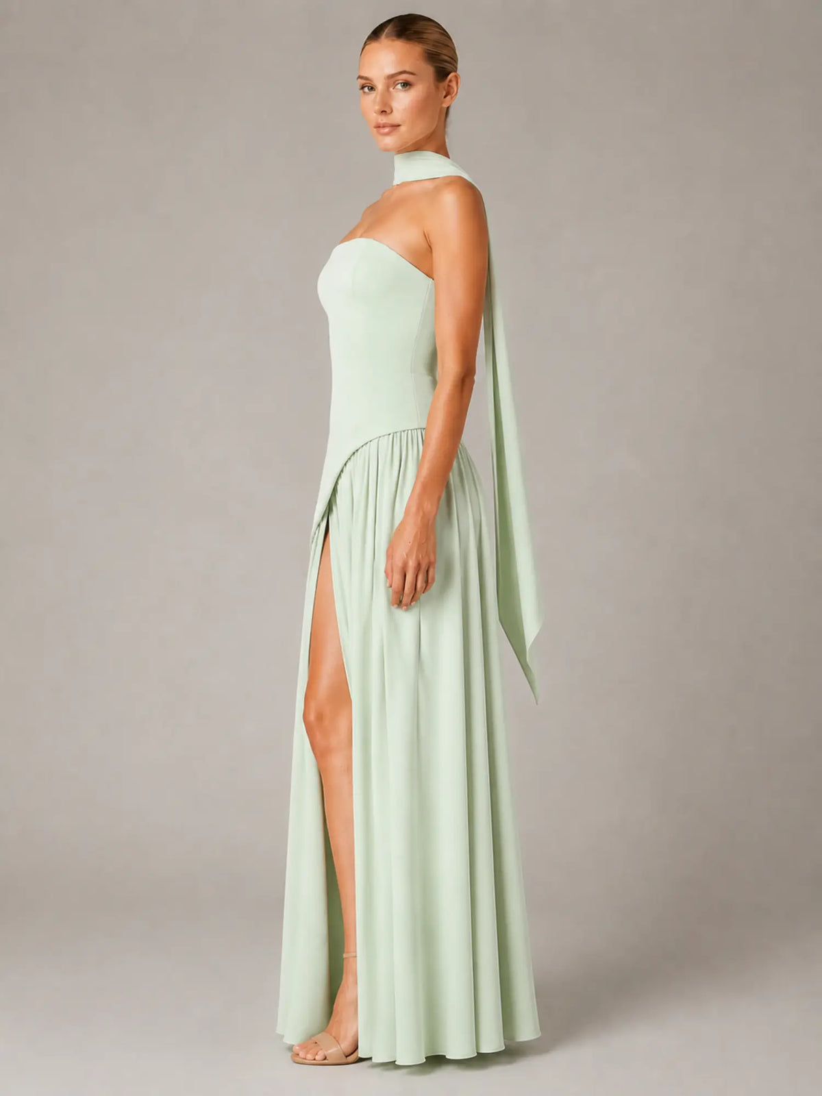 Women's Corset Maxi Dress – Strapless High Split in Mint – Side view