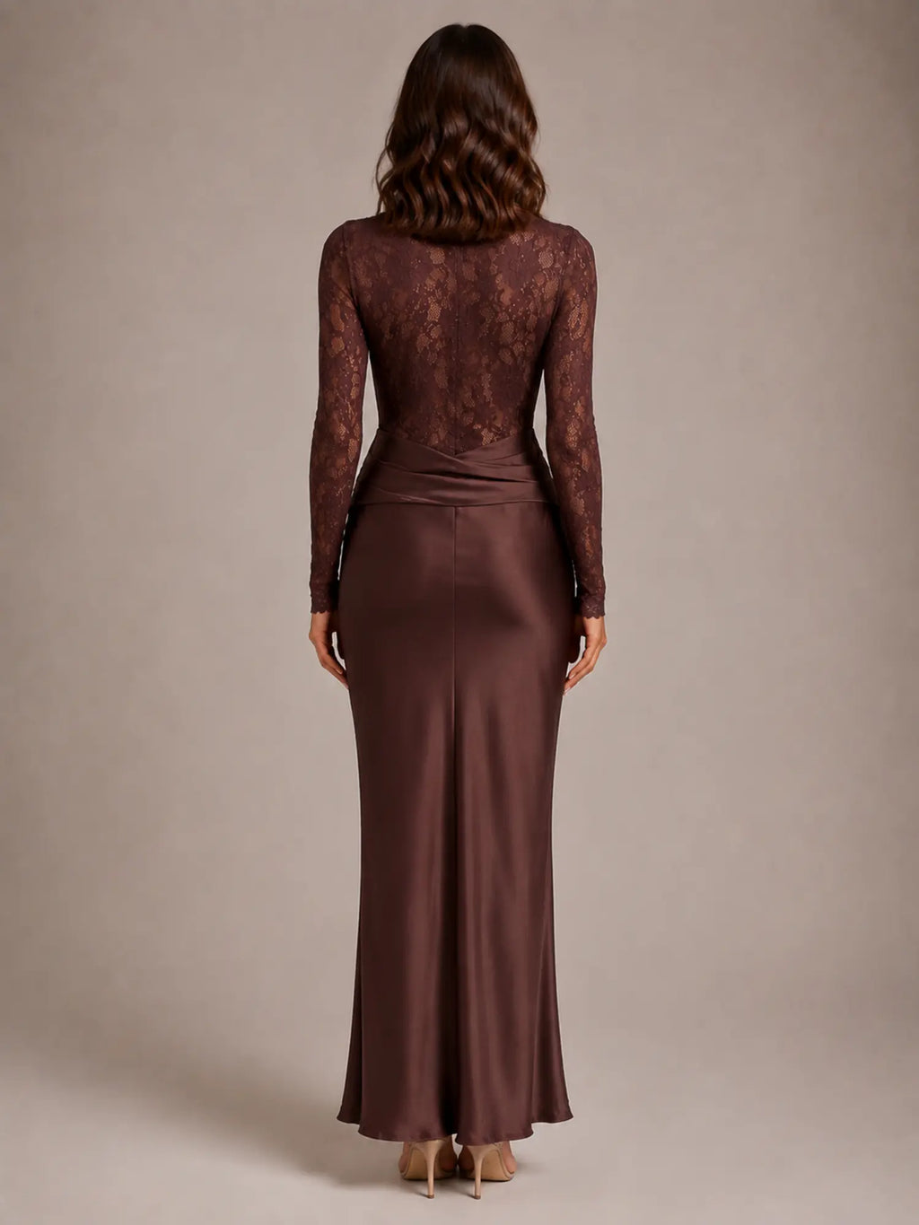 Women's Lace Maxi Dress – Boat Neck Long Sleeve in Brown – Back view