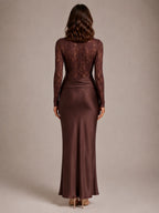 Women's Lace Maxi Dress – Boat Neck Long Sleeve in Brown – Back view