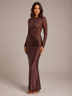 Women's Lace Maxi Dress – Boat Neck Long Sleeve in Brown – Hover view