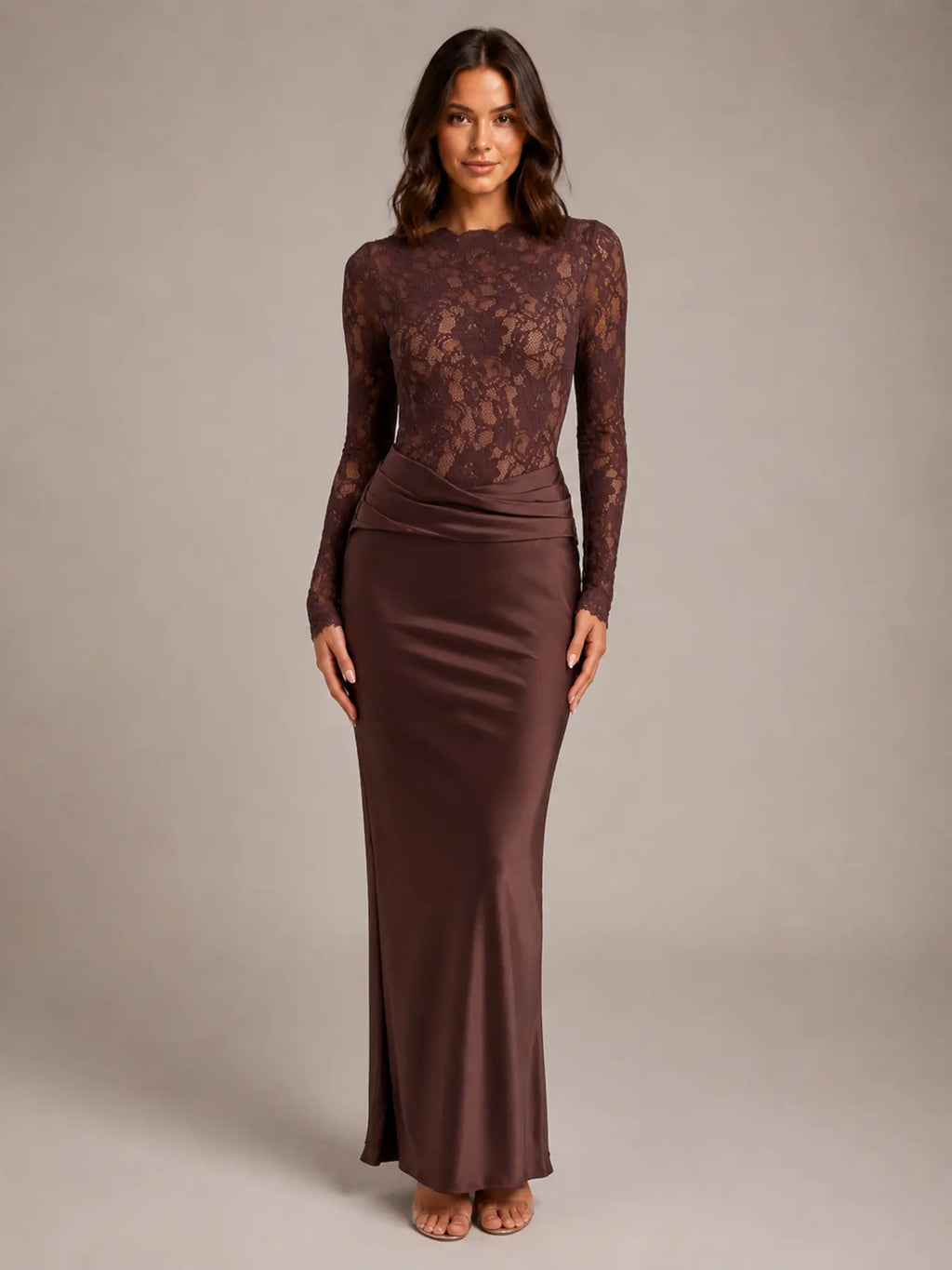 Women's Lace Maxi Dress – Boat Neck Long Sleeve in Brown – Main view