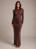 Women's Lace Maxi Dress – Boat Neck Long Sleeve in Brown – Main view