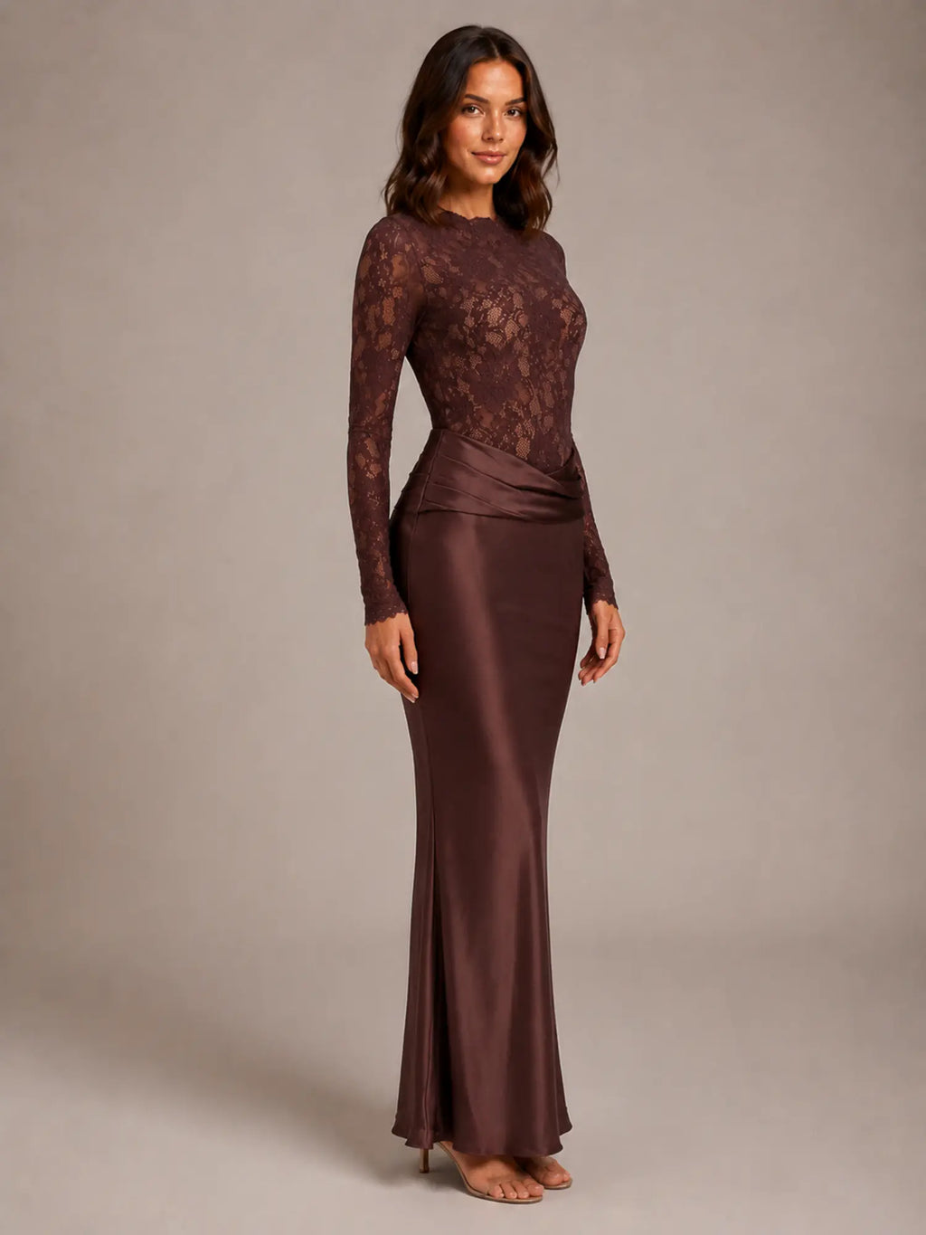 Women's Lace Maxi Dress – Boat Neck Long Sleeve in Brown – Side view