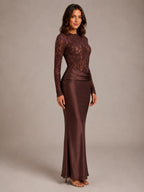 Women's Lace Maxi Dress – Boat Neck Long Sleeve in Brown – Side view