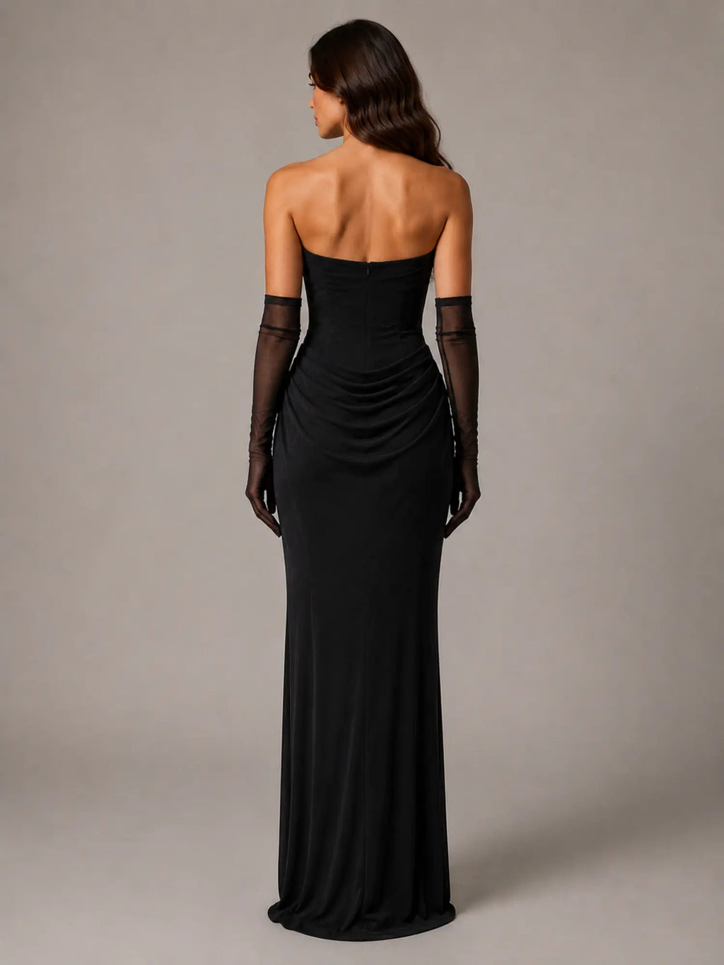 Women's Satin Maxi Dress – Strapless Draped Cowl Neck in Black – Back view