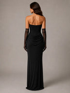 Women's Satin Maxi Dress – Strapless Draped Cowl Neck in Black – Back view