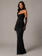 Women's Satin Maxi Dress – Strapless Draped Cowl Neck in Black – Hover view