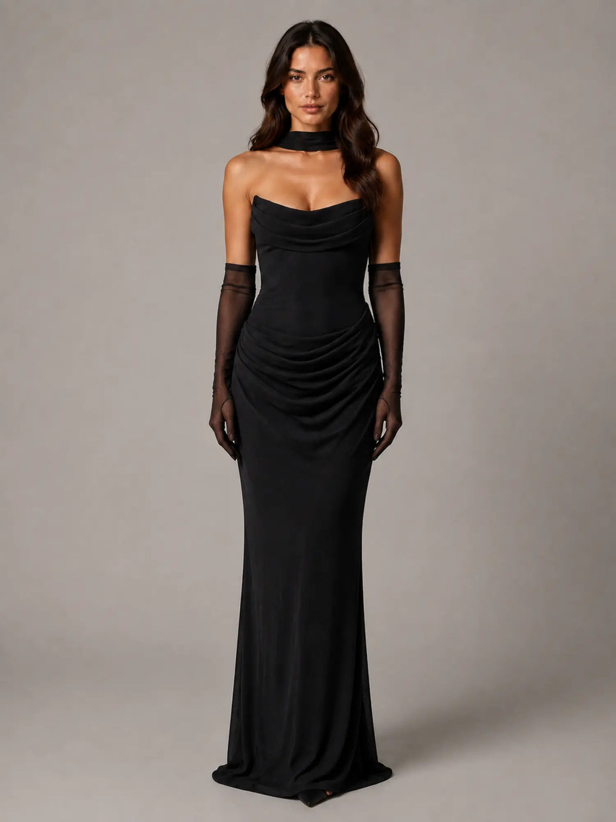 Women's Satin Maxi Dress – Strapless Draped Cowl Neck in Black – Main view