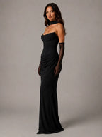 Women's Satin Maxi Dress – Strapless Draped Cowl Neck in Black – Side view