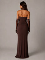 Women's Satin Maxi Dress – Strapless Draped Cowl Neck in Brown – Back view
